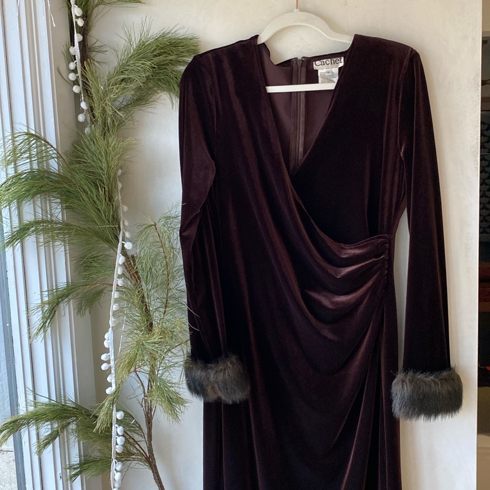 Vintage Cachet Faux Fur Brown Velvet Trim Maxi Dress